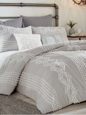 NWT Peri Home Gray Tufted Fringe Full/Queen Cotton Duvet Cover Boho Textured
